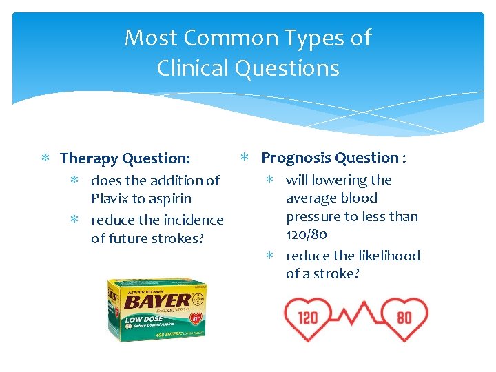 Most Common Types of Clinical Questions ∗ Therapy Question: ∗ does the addition of