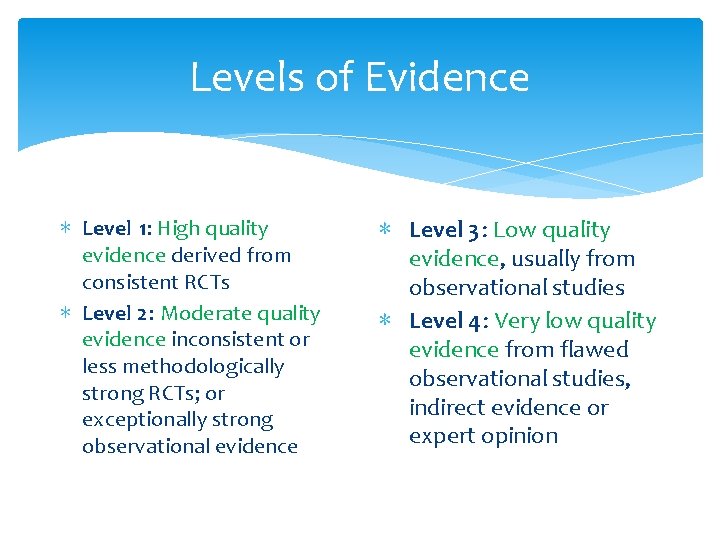Levels of Evidence ∗ Level 1: High quality evidence derived from consistent RCTs ∗