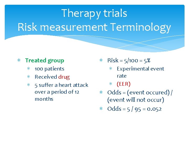 Therapy trials Risk measurement Terminology ∗ Treated group ∗ 100 patients ∗ Received drug