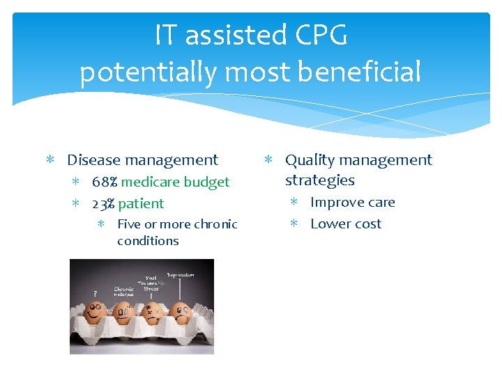 IT assisted CPG potentially most beneficial ∗ Disease management ∗ 68% medicare budget ∗
