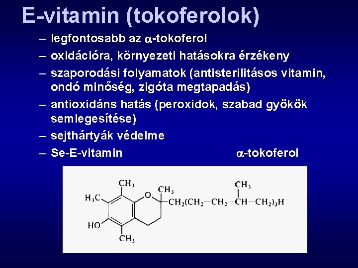 E-vitamin (tokoferolok) – legfontosabb az -tokoferol – oxidációra, környezeti hatásokra érzékeny – szaporodási folyamatok