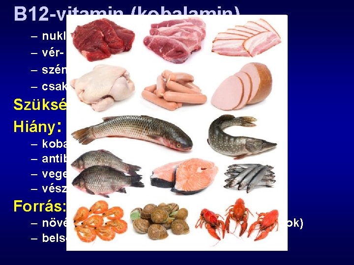 B 12 -vitamin (kobalamin) – – nukleinsav szintézis, sejtosztódás vér- és hámképződés szénhidrát-, zsíranyagcsere