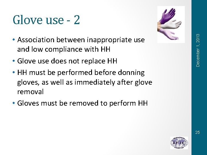  • Association between inappropriate use and low compliance with HH • Glove use