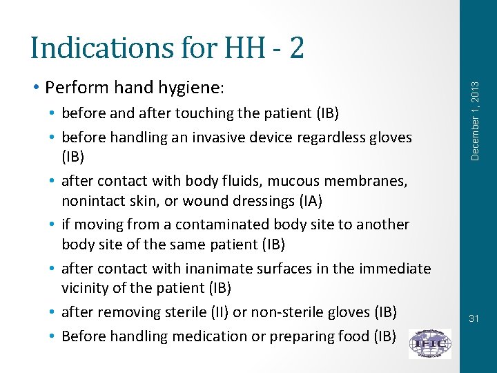  • Perform hand hygiene: • before and after touching the patient (IB) •