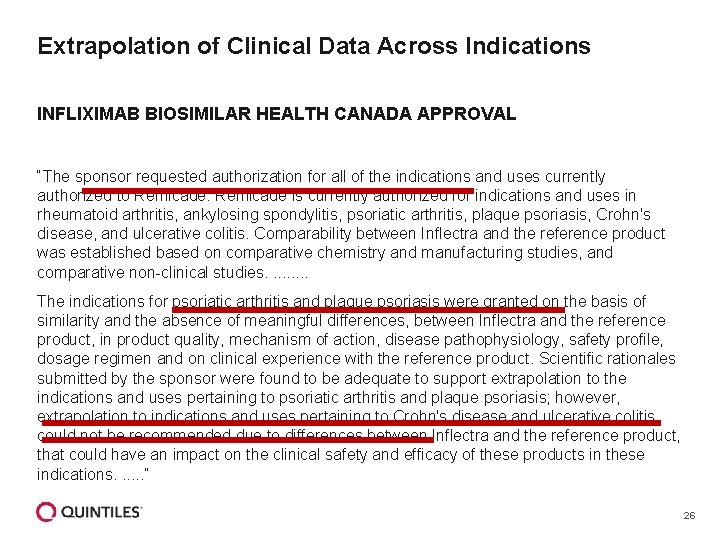 Extrapolation of Clinical Data Across Indications INFLIXIMAB BIOSIMILAR HEALTH CANADA APPROVAL “The sponsor requested