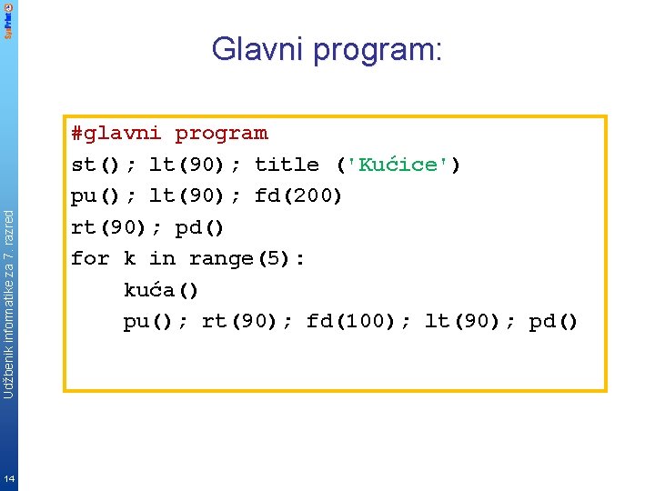 Udžbenik informatike za 7. razred Glavni program: 14 #glavni program st(); lt(90); title ('Kućice')