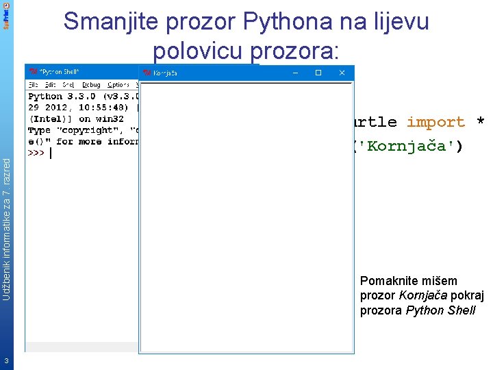 Smanjite prozor Pythona na lijevu polovicu prozora: Udžbenik informatike za 7. razred • Upišite: