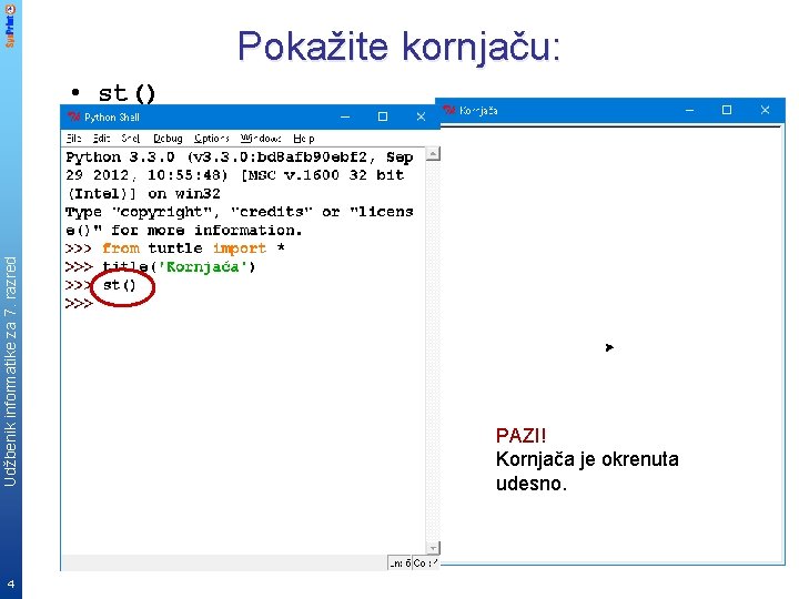 Pokažite kornjaču: Udžbenik informatike za 7. razred • st() 4 PAZI! Kornjača je okrenuta