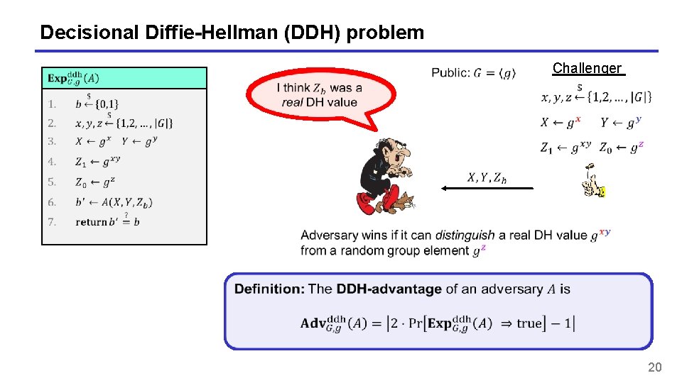 Decisional Diffie-Hellman (DDH) problem Challenger 20 Decisional Diffie-Hellman (DDH) problem Challenger 20