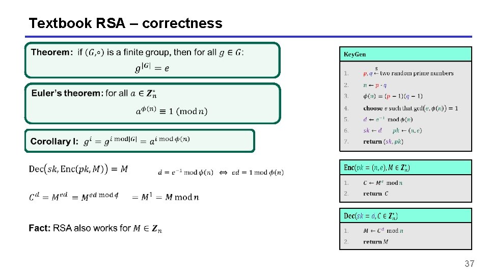 Textbook RSA – correctness 37 Textbook RSA – correctness 37