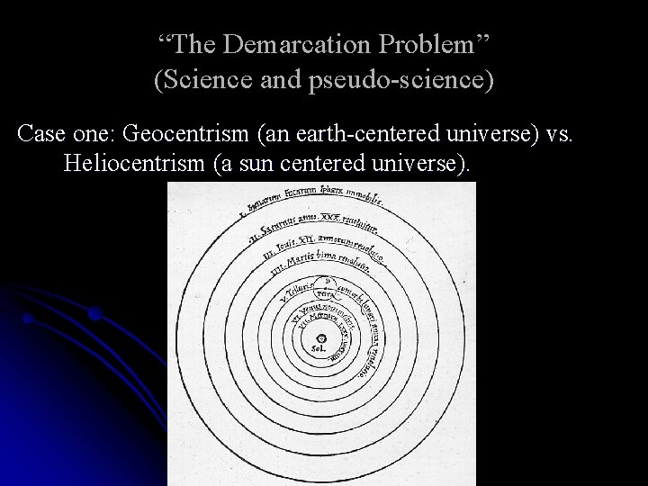 “The Demarcation Problem” (Science and pseudo-science) Case one: Geocentrism (an earth-centered universe) vs. Heliocentrism