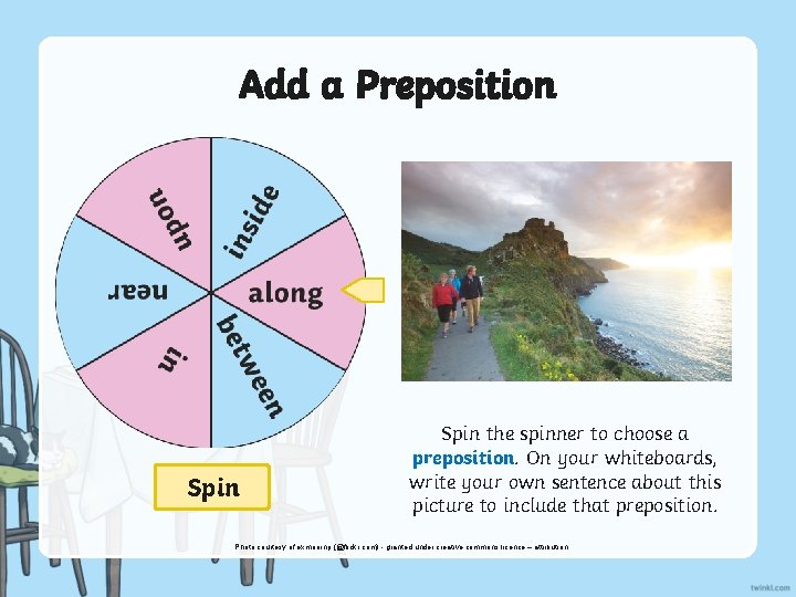 Add a Preposition Spin the spinner to choose a preposition. On your whiteboards, write