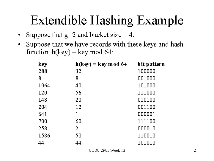 Extendible Hashing Example • Suppose that g=2 and bucket size = 4. • Suppose Extendible Hashing Example • Suppose that g=2 and bucket size = 4. • Suppose
