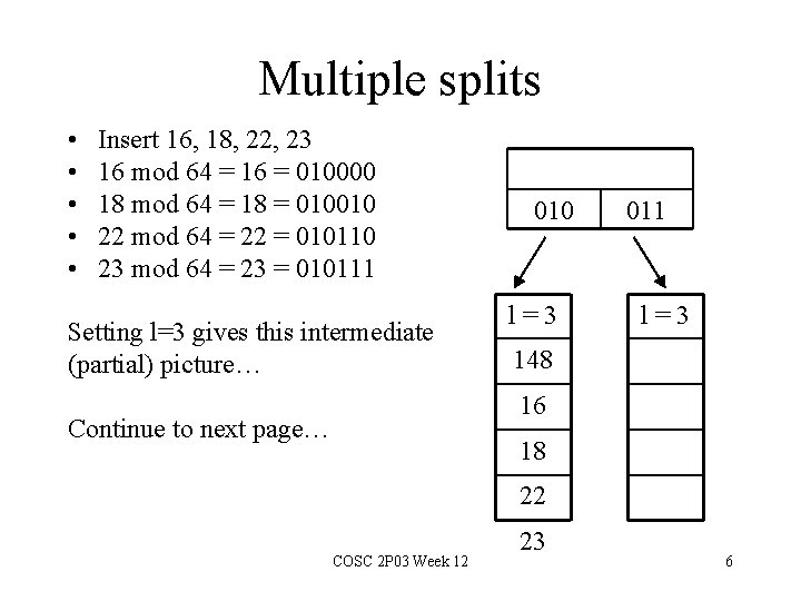 Multiple splits • • • Insert 16, 18, 22, 23 16 mod 64 = Multiple splits • • • Insert 16, 18, 22, 23 16 mod 64 =