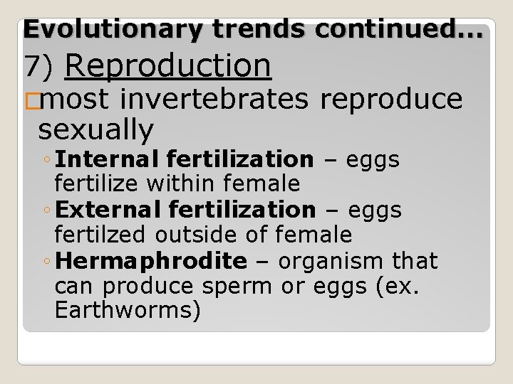 Evolutionary trends continued… 7) Reproduction �most invertebrates reproduce sexually ◦ Internal fertilization – eggs