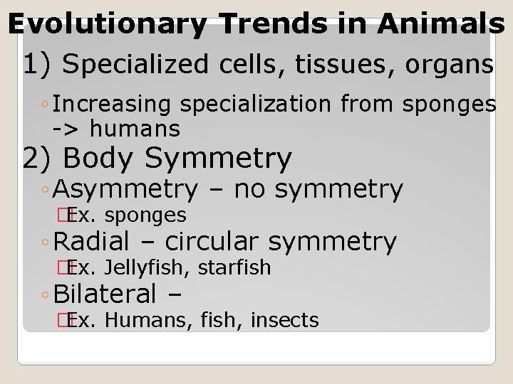 Evolutionary Trends in Animals 1) Specialized cells, tissues, organs ◦ Increasing specialization from sponges