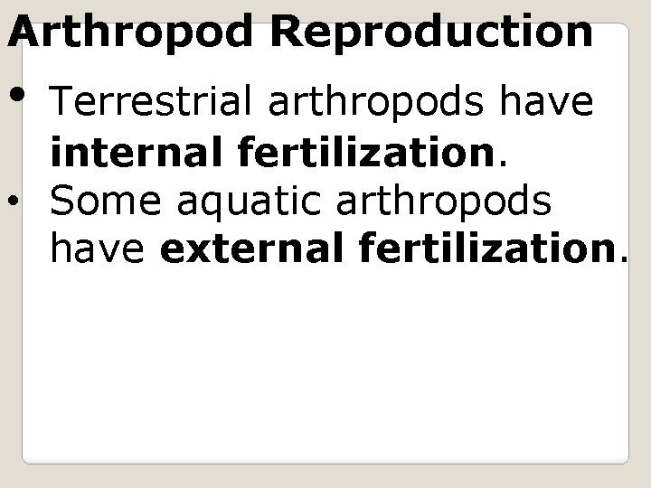 Arthropod Reproduction • Terrestrial arthropods have internal fertilization. • Some aquatic arthropods have external