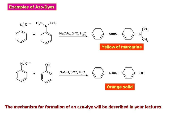 Examples of Azo-Dyes Yellow of margarine Orange solid The mechanism formation of an azo-dye