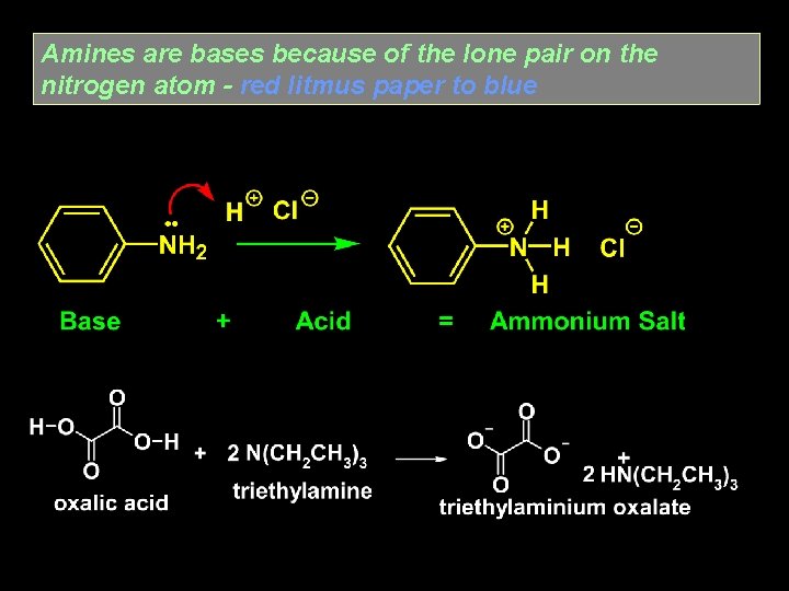 Amines are bases because of the lone pair on the nitrogen atom - red Amines are bases because of the lone pair on the nitrogen atom - red