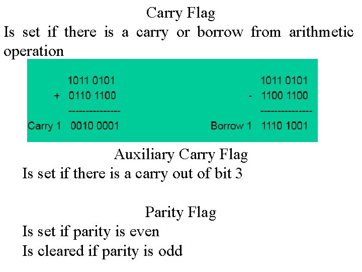 Carry Flag Is set if there is a carry or borrow from arithmetic operation Carry Flag Is set if there is a carry or borrow from arithmetic operation