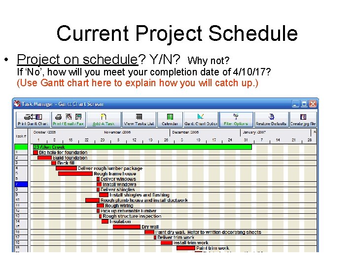 Current Project Schedule • Project on schedule? Y/N? Why not? If ‘No’, how will