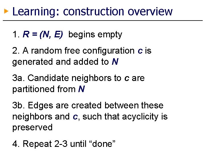 Learning: construction overview 1. R = (N, E) begins empty 2. A random free