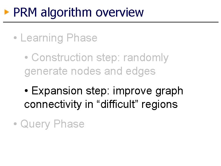 PRM algorithm overview • Learning Phase • Construction step: randomly generate nodes and edges