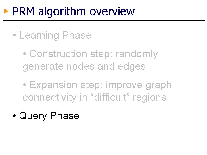 PRM algorithm overview • Learning Phase • Construction step: randomly generate nodes and edges