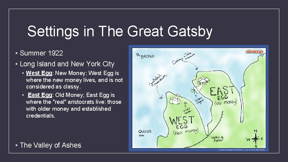 Settings in The Great Gatsby • Summer 1922 • Long Island New York City