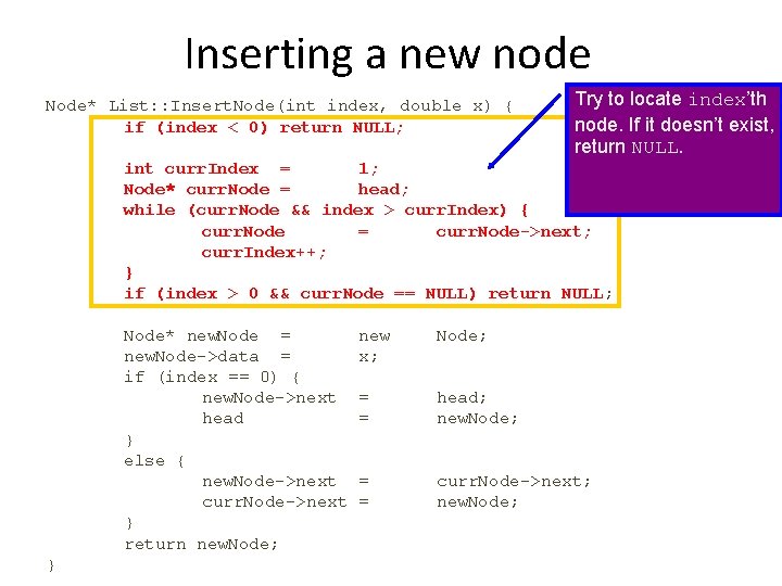 Inserting a new node Node* List: : Insert. Node(int index, double x) { if