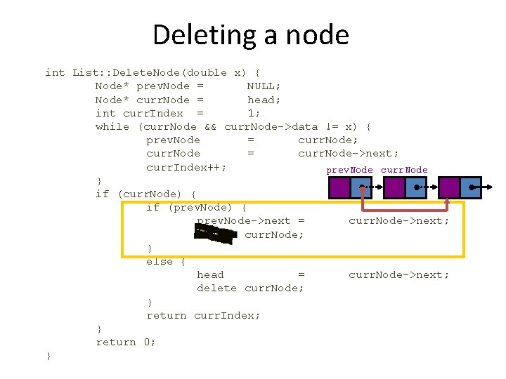 Deleting a node int List: : Delete. Node(double x) { Node* prev. Node =