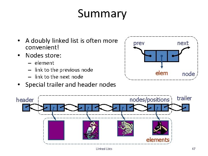 Summary • A doubly linked list is often more convenient! • Nodes store: –