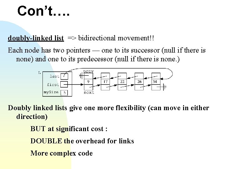 Con’t…. doubly-linked list => bidirectional movement!! Each node has two pointers — one to