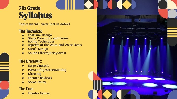 7 th Grade Syllabus Topics we will cover (not in order!) The Technical: ●