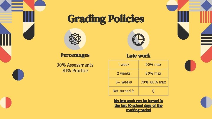 Grading Policies Percentages 30% Assessments 70% Practice Late work 1 week 90% max 2