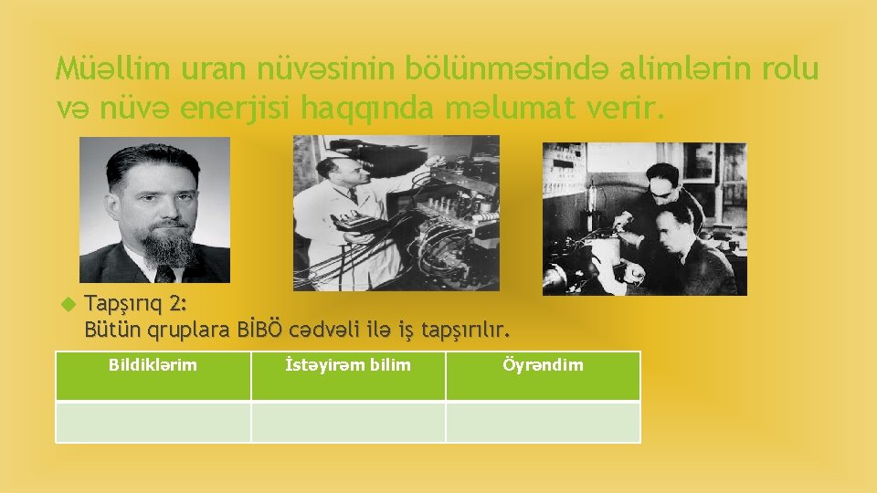 Müəllim uran nüvəsinin bölünməsində alimlərin rolu və nüvə enerjisi haqqında məlumat verir. Tapşırıq 2: