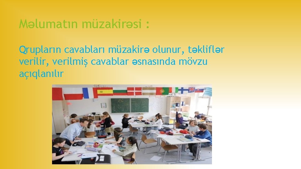 Məlumatın müzakirəsi : Qrupların cavabları müzakirə olunur, təkliflər verilir, verilmiş cavablar əsnasında mövzu açıqlanılır