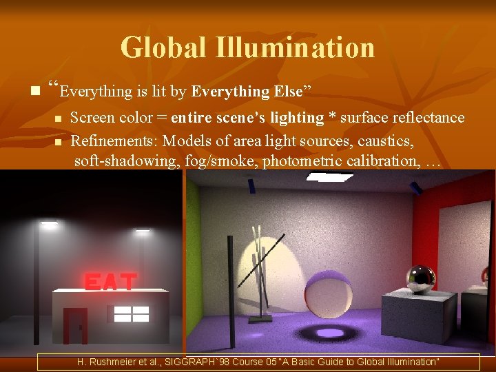 Global Illumination n “Everything is lit by Everything Else” n n Screen color =
