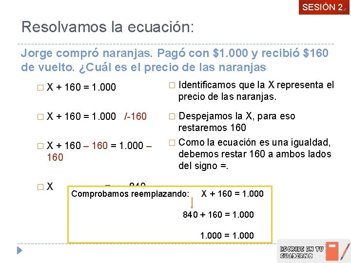 SESIÓN 2 Resolvamos la ecuación: Jorge compró naranjas. Pagó con $1. 000 y recibió