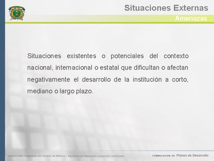 Situaciones Externas Amenazas Situaciones existentes o potenciales del contexto nacional, internacional o estatal que