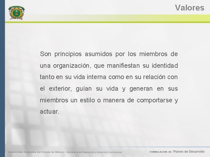 Valores Son principios asumidos por los miembros de una organización, que manifiestan su identidad