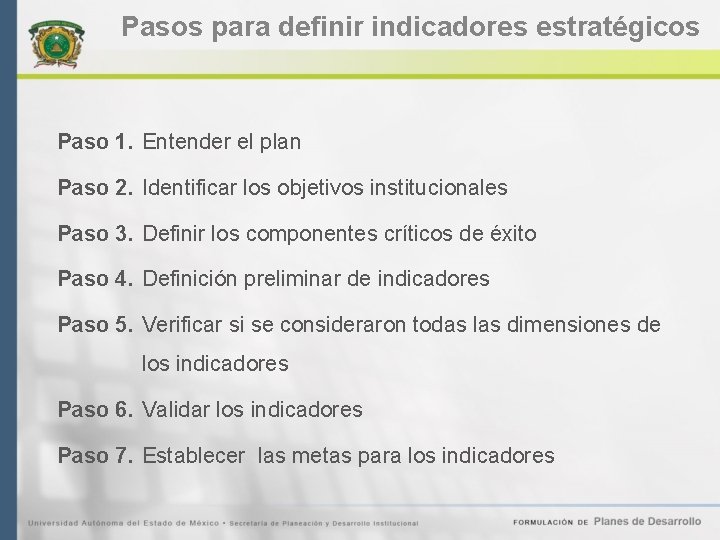 Pasos para definir indicadores estratégicos Paso 1. Entender el plan Paso 2. Identificar los