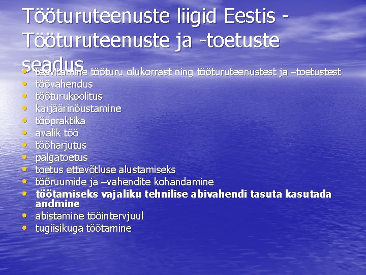 Tööturuteenuste liigid Eestis - Tööturuteenuste ja -toetuste seadus • teavitamine tööturu olukorrast ning tööturuteenustest