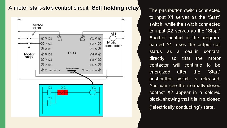 A motor start-stop control circuit: Self holding relay The pushbutton switch connected to input