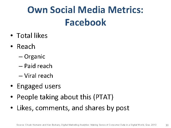 Own Social Media Metrics: Facebook • Total likes • Reach – Organic – Paid