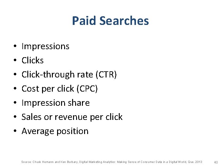 Paid Searches • • Impressions Click-through rate (CTR) Cost per click (CPC) Impression share