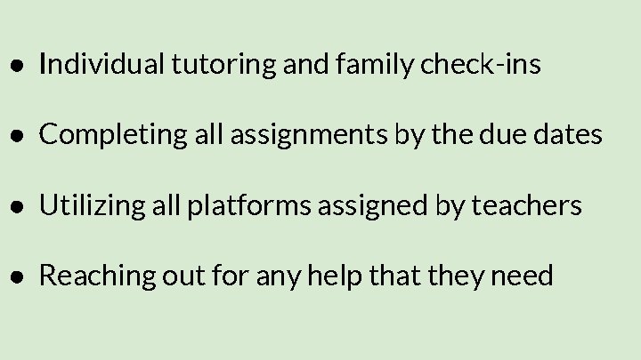 ● Individual tutoring and family check-ins ● Completing all assignments by the due dates