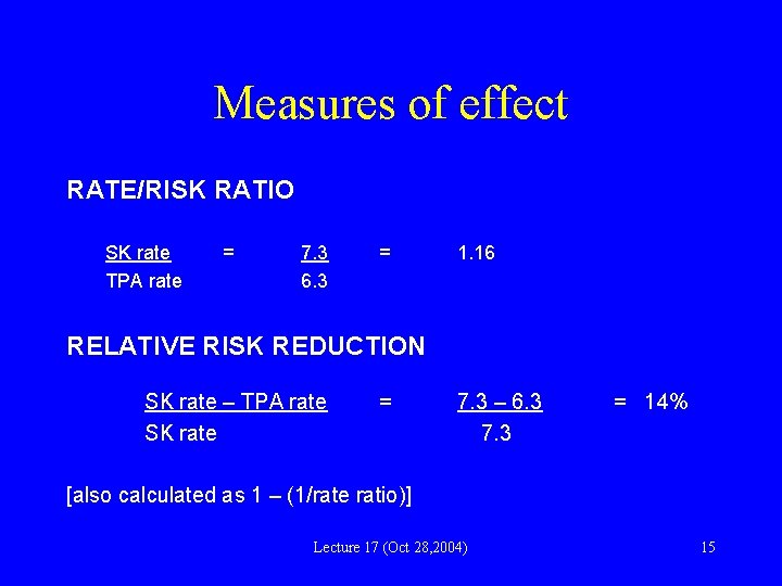 Measures of effect RATE/RISK RATIO SK rate TPA rate = 7. 3 6. 3