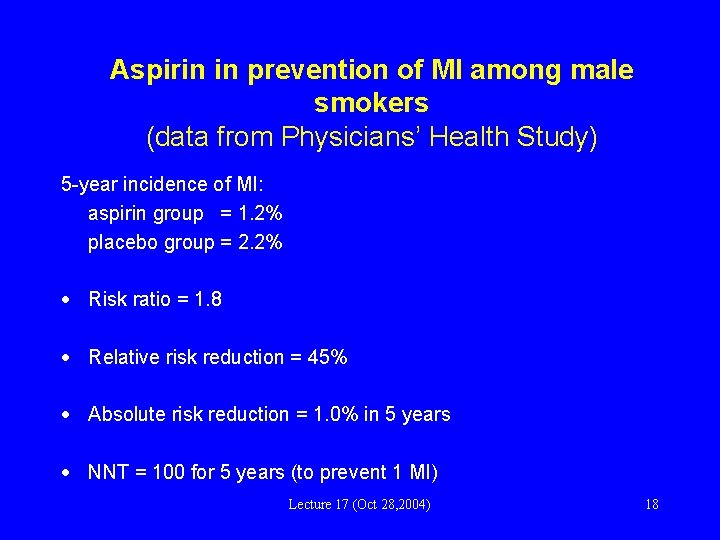 Aspirin in prevention of MI among male smokers (data from Physicians’ Health Study) 5