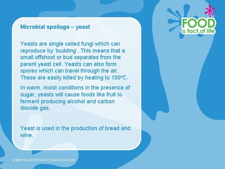 Microbial spoilage – yeast Yeasts are single celled fungi which can reproduce by ‘budding’.